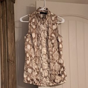 The Limited Brown and White Sleeveless Blouse with Mandarin Collar